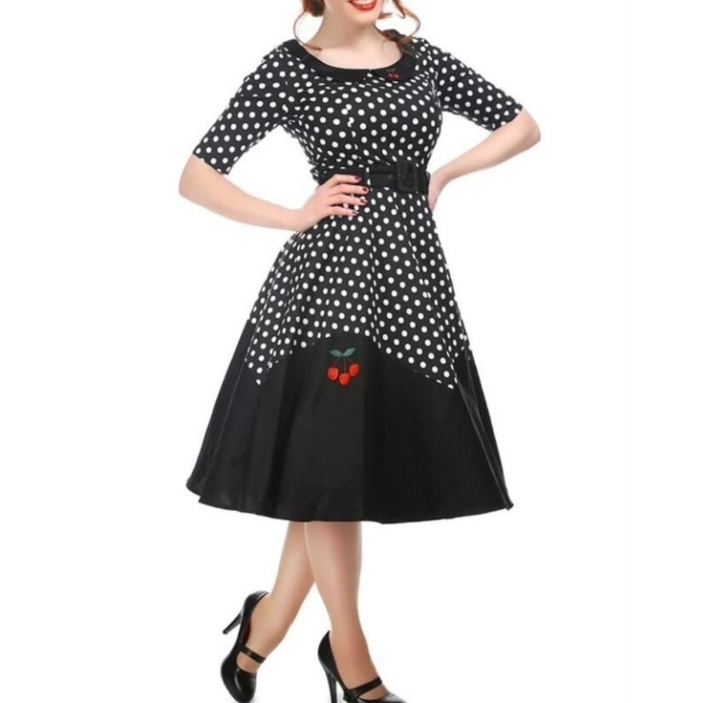 Collectif Polka Dot Swing Dress Retro Embroidered Cherry 1950's Mod US 6 Small